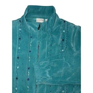 VTG Koret Full Zip Jacket Women's Small Teal Dainty Embroidered Flowers 90s